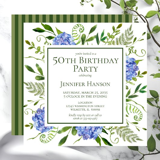 50. Geburtstag Blue Hydrangeas Einladung