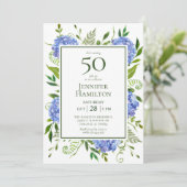 50. Geburtstag Blue Hydrangeas Einladung (Stehend Vorderseite)