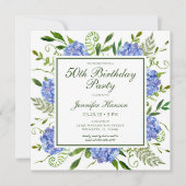 50. Geburtstag Blue Hydrangeas Script Einladung (Vorderseite)