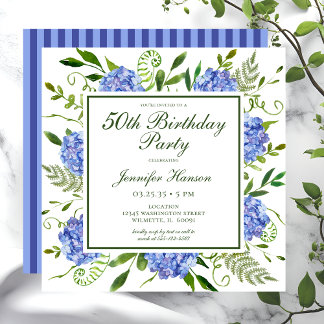 50. Geburtstag Blue Hydrangeas Script Einladung