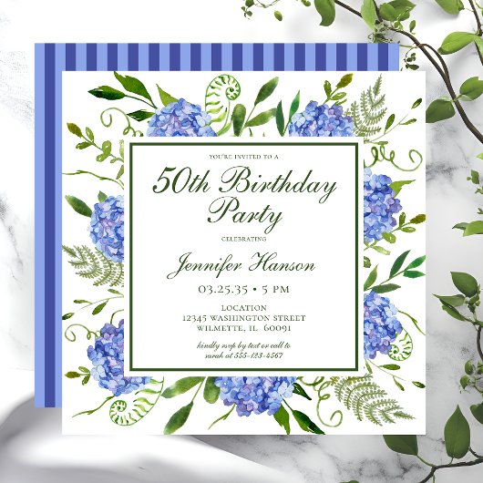50. Geburtstag Blue Hydrangeas Script Einladung