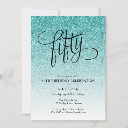 50. Geburtstag Blue Ombre Glitzer Einladung (Vorderseite)