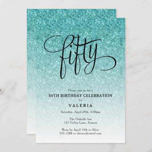 50. Geburtstag Blue Ombre Glitzer Einladung (Vorne/Hinten)
