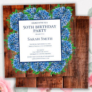 50. Geburtstag Blue Wood Hydrangeas Rustikales Par Einladung
