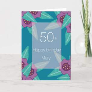 50. Geburtstag Blumen Blau Türkis Modern Feiertagskarte