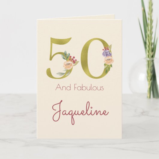 50. Geburtstag Blumengold Elegant Feminine Karte (Vorderseite)