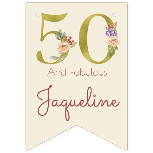 50. Geburtstag Blumengold Elegant Feminine Wimpelkette (Erste Fahne)