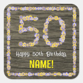 50. Geburtstag: Blumennummer, Imitate Holzbild, Na Quadratischer Aufkleber (Vorderseite)