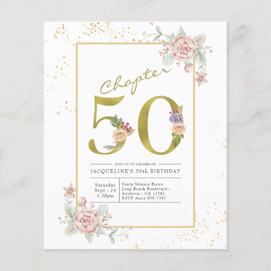 50. Geburtstag Blumenschrift Gold-Script-Einladung Flyer (Vorne)