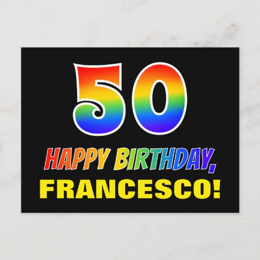 50. Geburtstag: Bold, Fun, Simple, Rainbow 50 Postkarte (Vorderseite)