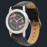 50. Geburtstag Bordeaux Blumen schwarz geometrisch Armbanduhr<br><div class="desc">Ein Geschenk oder Sake für einen 50. Geburtstag. Ein schicker schwarzer Hintergrund mit einem geometrischen Rahmen aus Imitaten. Die Einrichtung ist mit dunklen lila und bordeauxfarbenen Blume, Rose und Boho-Federn geschmückt. Vorlagen für Namen, Alter und Datum. Geburtsdatum oder Geburtsdatum des Party. Der Name wird mit einem handgeschriebenen Stift geschrieben, mit...</div>