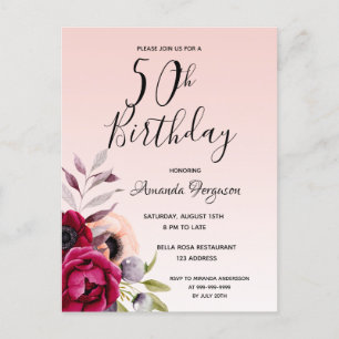 50. Geburtstag bordeauxfarbene Rose Goldblume Einl Postkarte