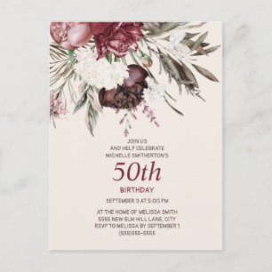 50. Geburtstag Burgund Elfenbein Floral Creme Postkarte