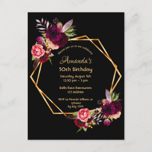 50. Geburtstag burgund florale schwarze Einladung Postkarte