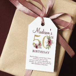 50. Geburtstag Burgund Gold Floral Personalisiert Geschenkanhänger