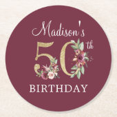 50. Geburtstag Burgund Gold Personalisiert Runder Pappuntersetzer (Vorderseite)