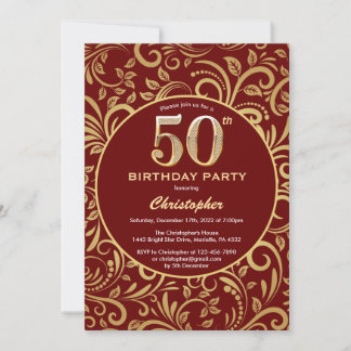 50. Geburtstag Burgund Rot und Gold Floral Muster Einladung