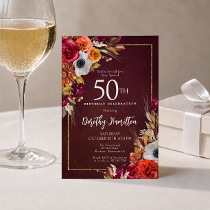50. Geburtstag Burgunder Herbstblumen Elegantes Sk Einladung
