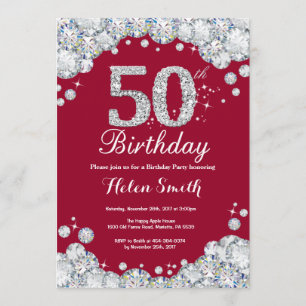 50. Geburtstag Burgundy Red und Silver Diamond Einladung