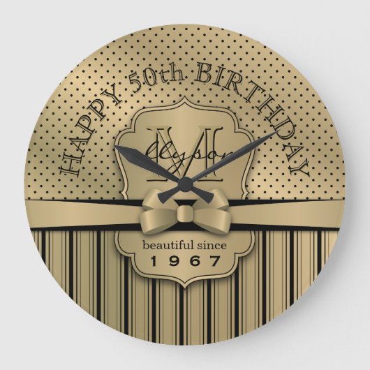 50. Geburtstag Champagner Gold Polka Dot Stripes B Große Wanduhr (Vorderseite)