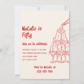 50. Geburtstag Champagnerturm mit Kunstrasen Einladung (Vorderseite)