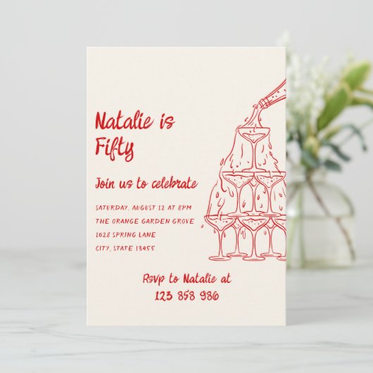 50. Geburtstag Champagnerturm mit Kunstrasen Einladung (Stehend Vorderseite)