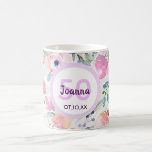 50. Geburtstag chic boho wasserfarbene rosa Blume Kaffeetasse