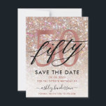 50. Geburtstag Chic Glitzer Ombre Save the Date<br><div class="desc">Moderne schicke,  mädchenhafte Save the Date Karte zum 50. Geburtstag. Design mit Champagner funkelnd Glitzer Textur,  Rose Gold 50 und Kalligraphie Drehbuch fünfzig. Personalisieren Sie Ihre Daten mit einem Namen und Party.</div>