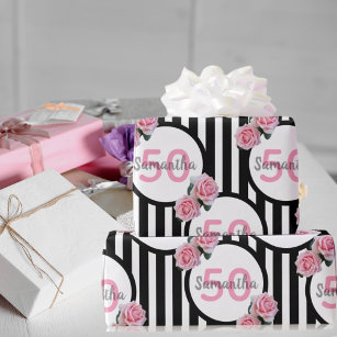 50. Geburtstag chic rosa Rosen Schwarz-weiße Strei Geschenkpapier