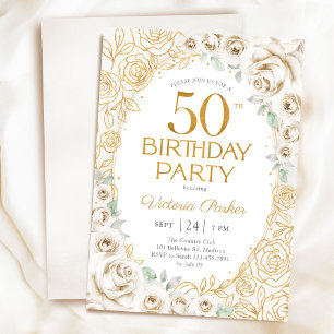 50. Geburtstag Creme Gold Blumen Weiblich Einladung