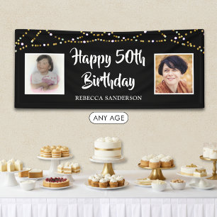 50. Geburtstag Dann & Jetzt Fotos leuchten schwarz Banner