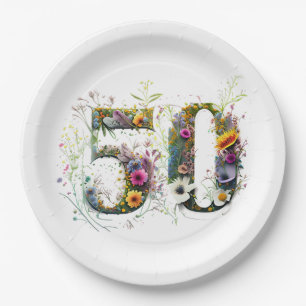 50. Geburtstag Dekorativer Wildblumen-Text Pappteller