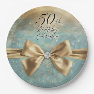 50. Geburtstag der Frauen Gold Diamond Bow & Swirl Pappteller