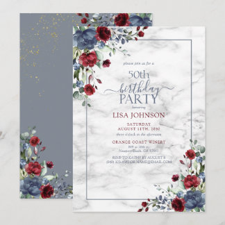 50. Geburtstag Dusty Blue Burgundy Gold Floral Einladung