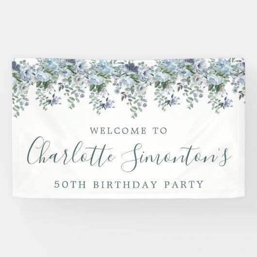 50. Geburtstag Dusty Blue Floral Willkommen Banner (Horizontal)