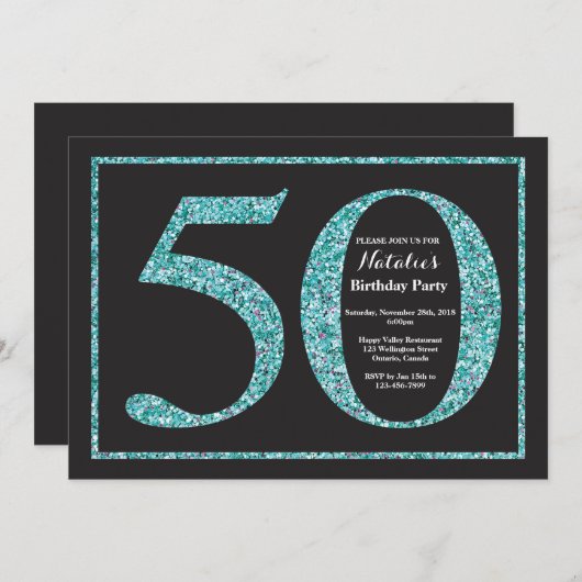 50. Geburtstag Einladung Aquamarinen Glitzer Chalk (Vorne/Hinten)