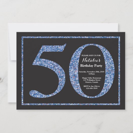 50. Geburtstag Einladung Blue Glitzer Chalkboard (Vorderseite)