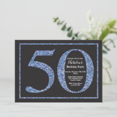 50. Geburtstag Einladung Blue Glitzer Chalkboard (Stehend Vorderseite)