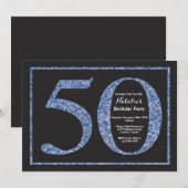 50. Geburtstag Einladung Blue Glitzer Chalkboard (Vorne/Hinten)