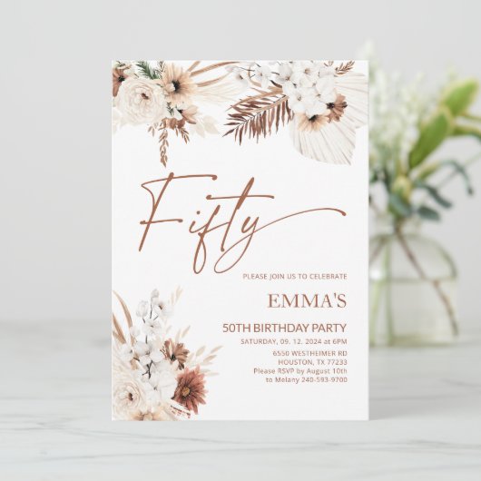 50. Geburtstag Einladung Boho Pampas (Stehend Vorderseite)