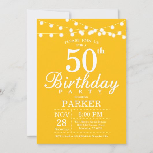 50. Geburtstag Einladung Gelb (Vorderseite)