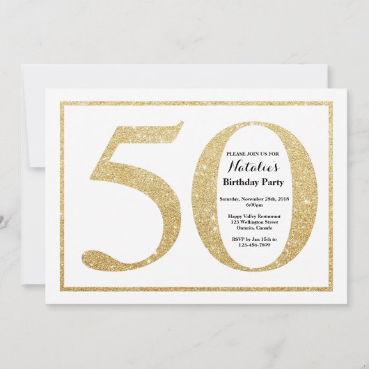 50. Geburtstag Einladung Gold Glitzer (Vorderseite)