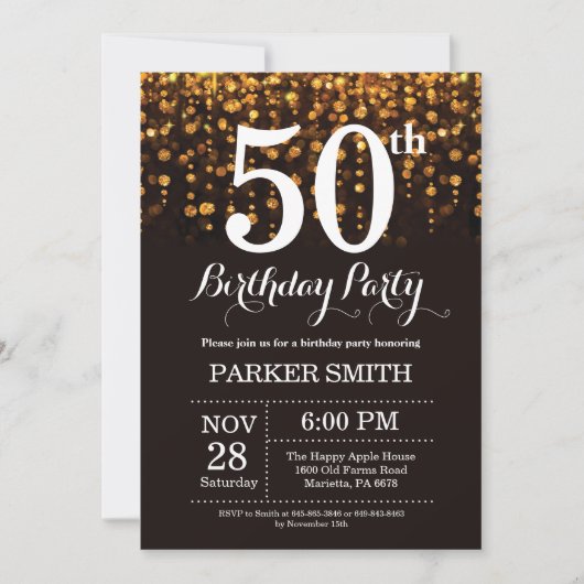 50. Geburtstag Einladung Gold Glitzer (Vorderseite)