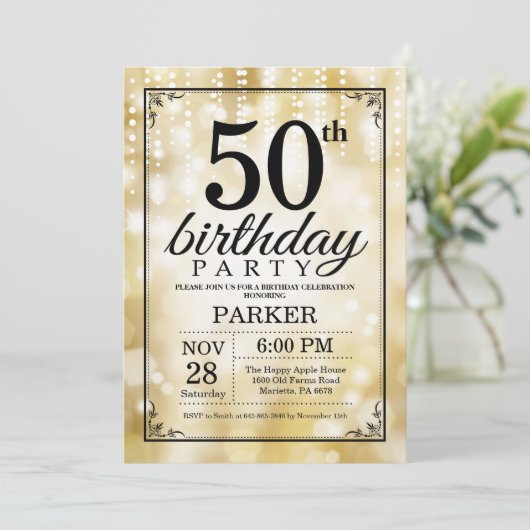 50. Geburtstag Einladung Gold Glitzer (Stehend Vorderseite)