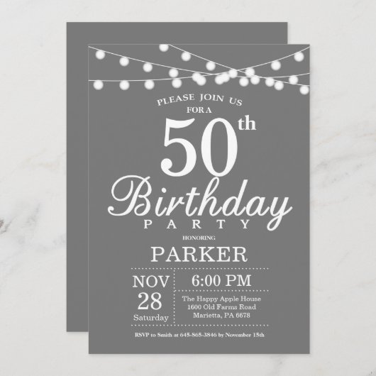 50. Geburtstag Einladung grau und weiß (Vorne/Hinten)