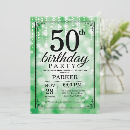 50. Geburtstag Einladung Grüner Glitzer (Stehend Vorderseite)