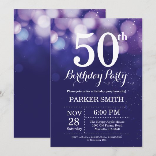 50. Geburtstag Einladung Navy Blue (Vorne/Hinten)