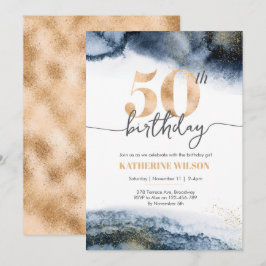 50. Geburtstag Einladung Navy Wasserfarbe und Gold