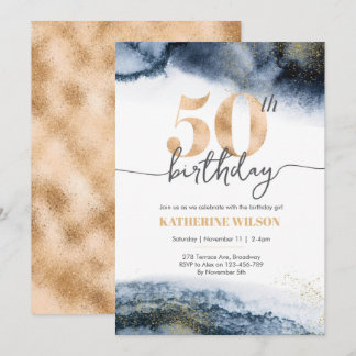 50. Geburtstag Einladung Navy Wasserfarbe und Gold