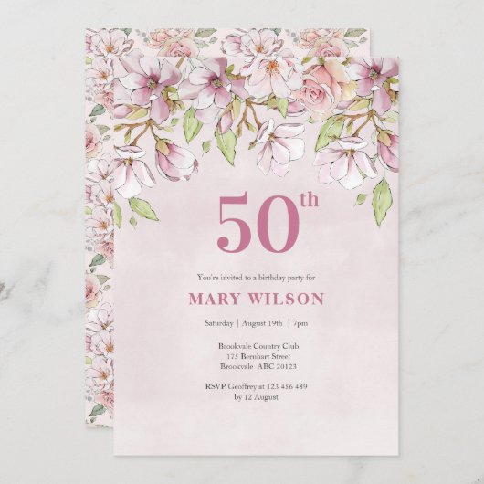 50. Geburtstag Einladung Rosa Blüte (Vorne/Hinten)